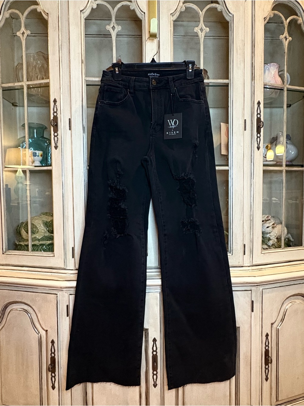 NWT Risen Jeans in Black with Wide-Leg and Distressed Knees